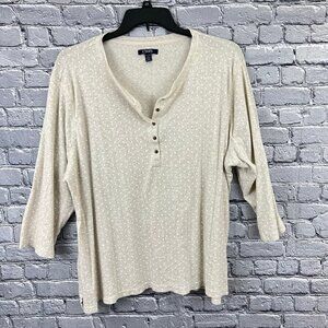 Chaps Henley Knit Shirt Beige with white Polka Dots 2X‎ 3/4 Sleeve